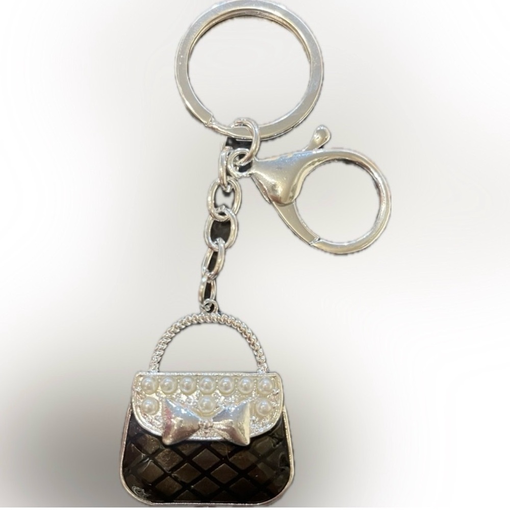 NWT Silver and Black Handbag with Rhinestones and Pearl Bag Charm /  Keychain